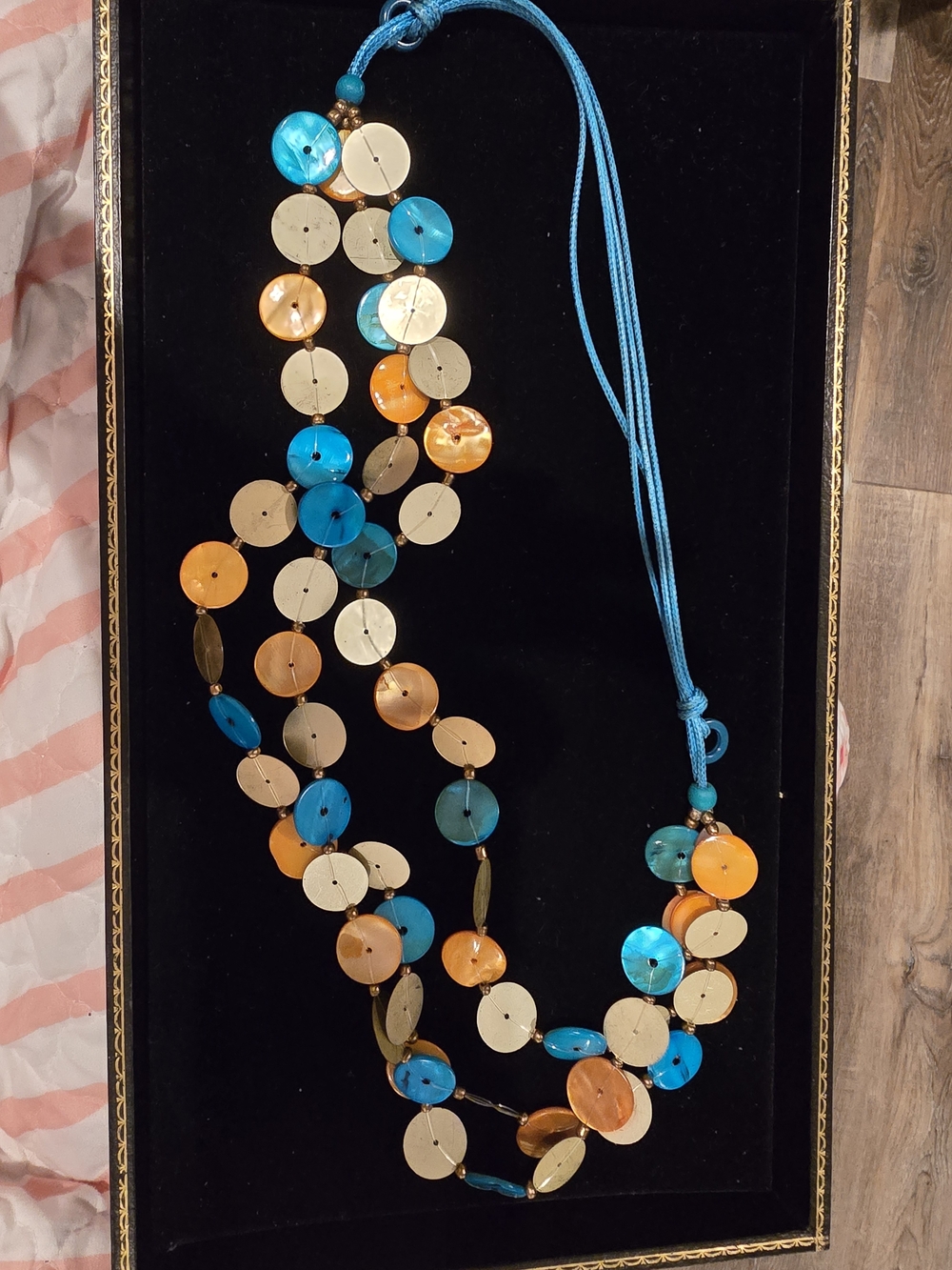 Multi-Strand Disc Necklace in Turquoise, Orange & Cream
